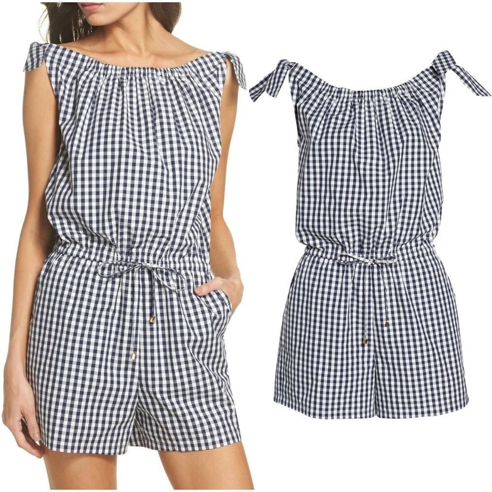 Tory Burch Tory Navy White Gingham Short Romper Pockets Sz Mdium